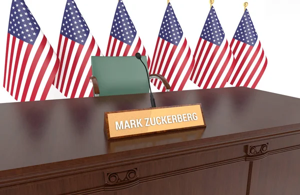 Resepsiyon plaket Mark Zuckerberg ahşap masa ve Amerikan bayrakları. 