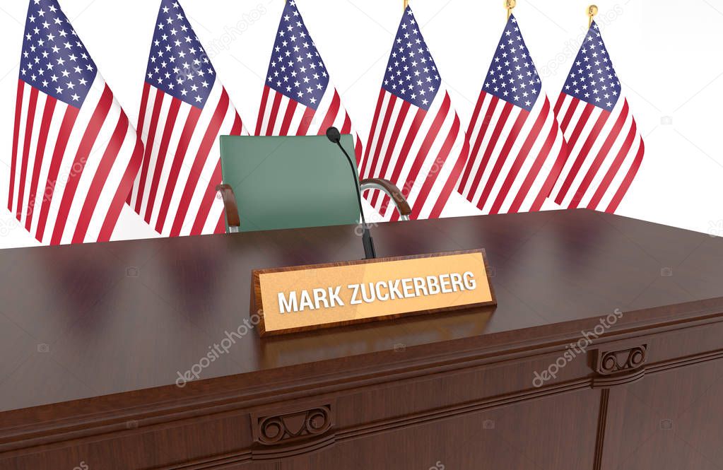 Wooden table with desk plaque MARK ZUCKERBERG and American flags. 
