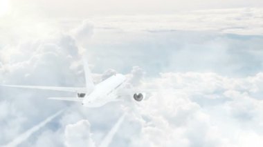 Ticari jet uçak uçak uçan yukarıda kabarık beyaz bulutlar mesafe içine hava görünümünü. Seyahat Tema outro kavramı.