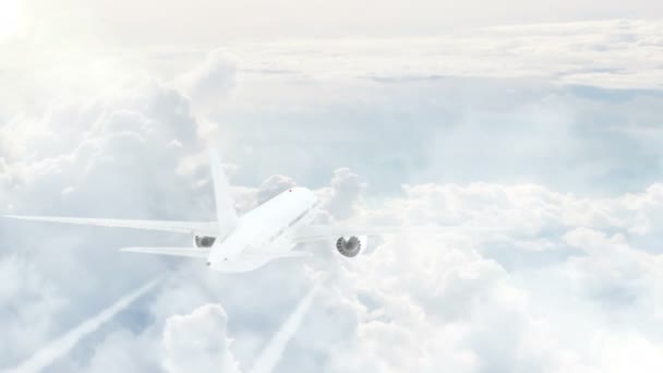 ふわふわ白い雲の上の距離に商用ジェット機航空機飛行機飛行の空撮 旅行のエンディング テーマ — ストック動画