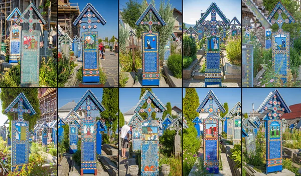 Fotocollage bemalter Holzkreuze auf dem fröhlichen Friedhof in lizenzfreie Stockbilder