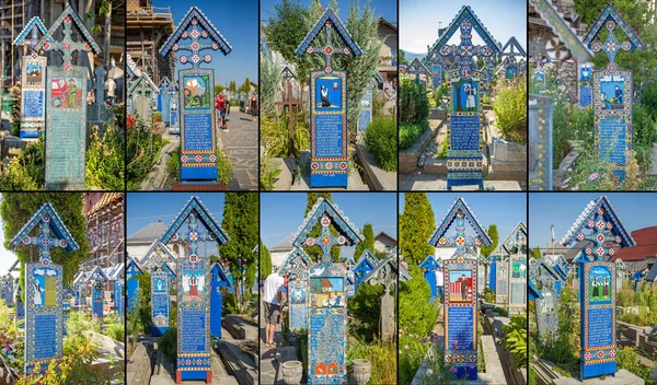 Collage de fotos de cruces de madera pintadas en el cementerio de Merry en Imágenes de stock libres de derechos