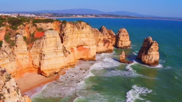 Aerial from natural rocks at Lagos in Portugal — Stock Video