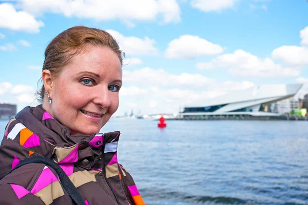 Young native dutch woman on a ferry in Amsterdam the Netherlands — Stock Photo, Image