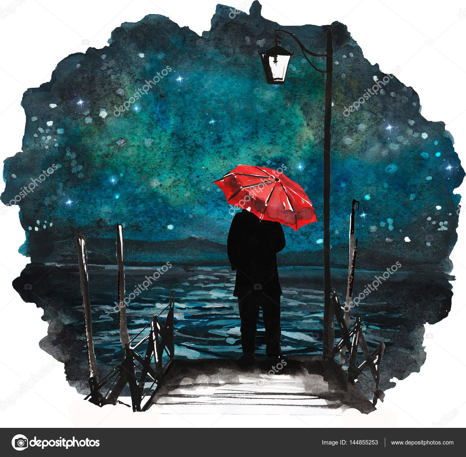 Lonely man standing in the night watercolor drawing Stock Illustration by  ©nilaya #144855253