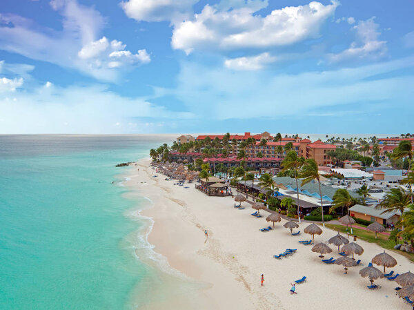 Aerial from Druif beach on Aruba island in the Caribbean at suns