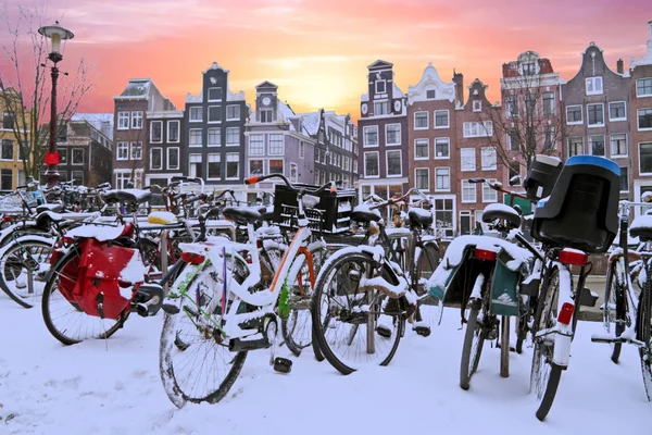 Bicicletas nevadas en Amsterdam los Países Bajos al atardecer —  Fotos de Stock
