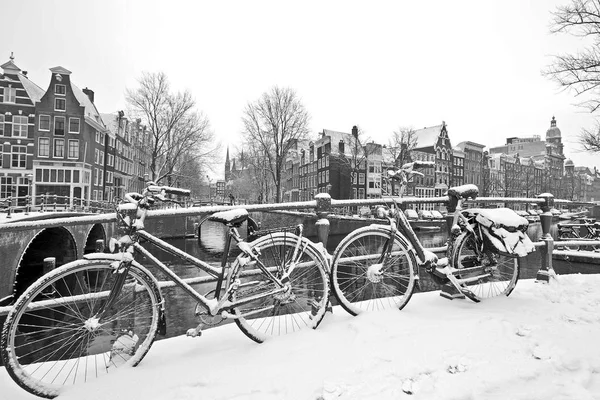 Retro en blanco y negro de bicicletas nevadas en Amsterdam c — Foto de Stock