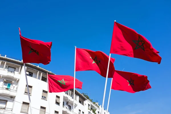 Moroccan flags against a blue sky in Morocco — Stock Photo, Image