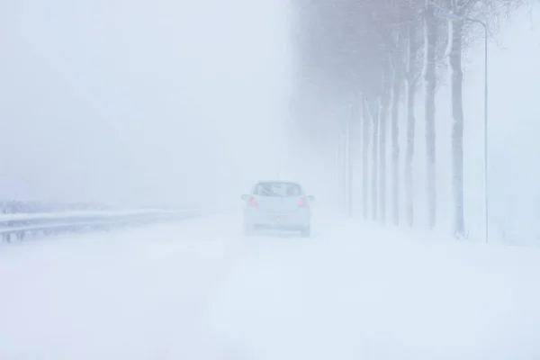 Rijden in een zware sneeuwstorm in de winter in Nederland — Stockfoto