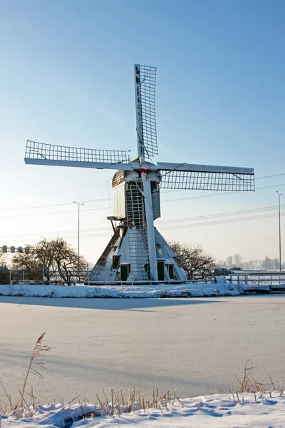 Снежная историческая мельница в сельской местности из Нидерландов — стоковое фото