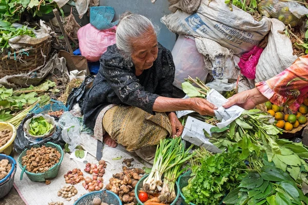 JAVA, INDONÉSIA - 18 DE DEZEMBRO DE 2016: Mulher de vendas de vegetais — Fotografia de Stock