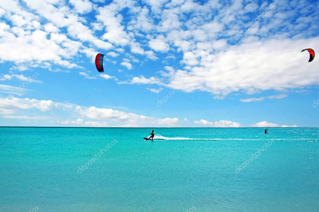 Kite surfing at Aruba island in the caribbean sea