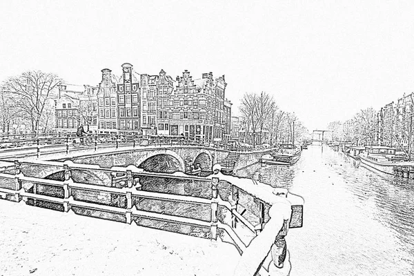 Dessin au crayon de l'hiver à Amsterdam aux Pays-Bas — Photo