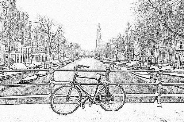 Dibujo a lápiz de Amsterdam cubierto de nieve en Holanda — Foto de Stock