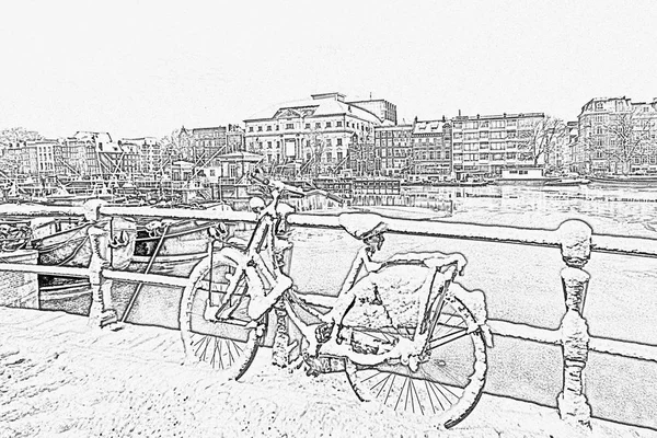 Pencil drawing from snowy Amsterdam at the Amstel in the Netherl