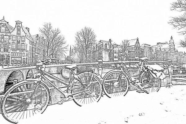 Pencil drawing from snowy bicycles in Amsterdam Netherlands