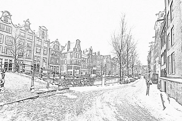 Dessin au crayon d'Amsterdam enneigé aux Pays-Bas en hiver — Photo