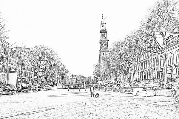 Dessin au crayon de l'hiver à Amsterdam aux Pays-Bas avec le Westerkerk — Photo