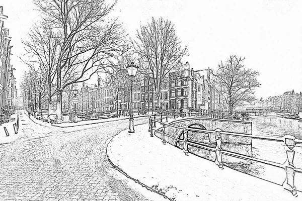 Dessin au crayon de l'hiver à Amsterdam aux Pays-Bas — Photo