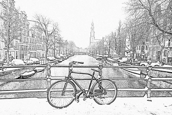 Pencil drawing from Amsterdam covered with snow in Netherlands — Stock Photo, Image