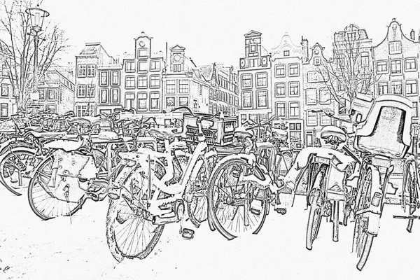 Bleistiftzeichnung von schneebedeckten Fahrrädern in Amsterdam — Stockfoto
