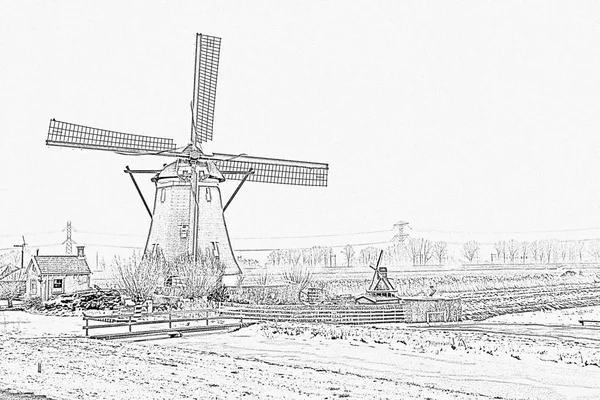 Rysunek z historycznych wiatrak na wsi fro ołówkiem — Zdjęcie stockowe