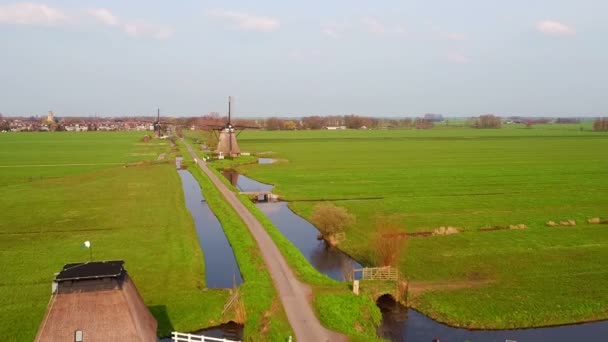 Flyg Från Traditionella Väderkvarnar Kinderdijk Nederländerna — Stockvideo