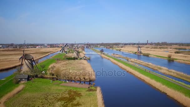 Flyg Från Traditionella Väderkvarnar Kinderdijk Nederländerna — Stockvideo