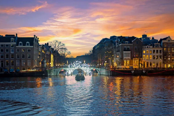 Cidade Cênica Amsterdã Amstel Pôr Sol Nos Países Baixos — Fotografia de Stock