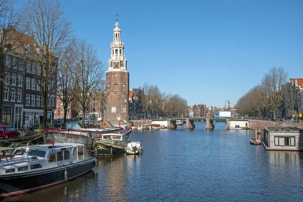 Città Panoramica Amsterdam Nei Paesi Bassi Con Torre Montelbaan — Foto Stock