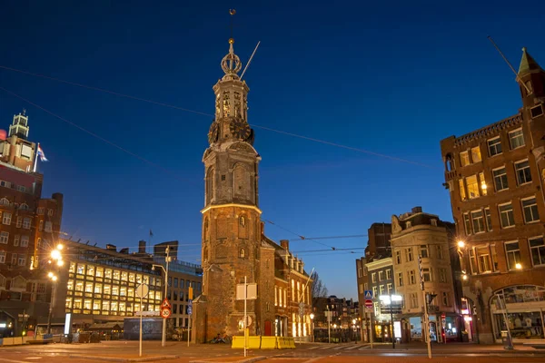 Munt Tower Amsterdamu Nizozemsko Při Západu Slunce — Stock fotografie