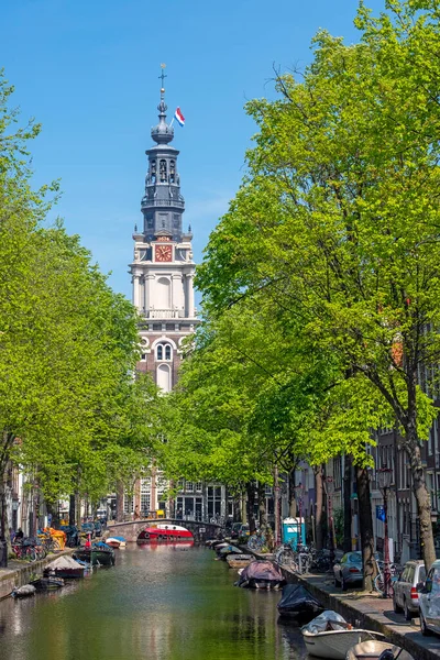 Ville Pittoresque Amsterdam Printemps Aux Pays Bas Avec Église Sud — Photo