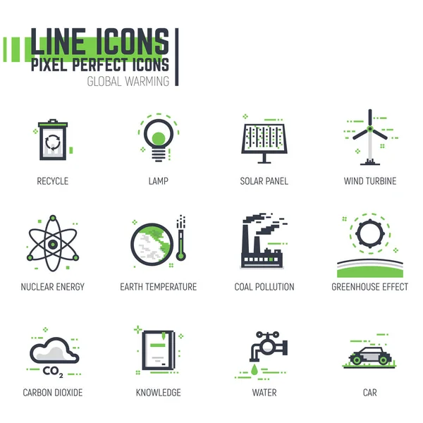 Globale opwarming van de aarde lijn pictogrammen — Stockvector