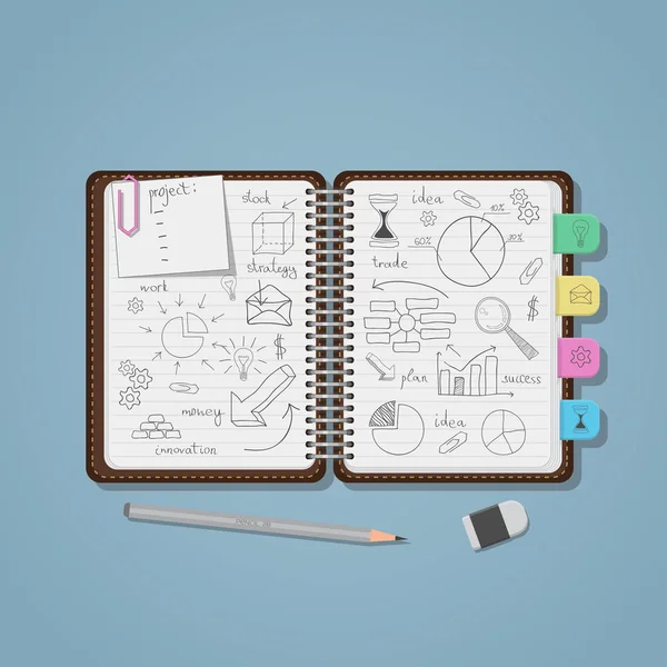 Cuaderno con dibujos a lápiz de negocios — Vector de stock