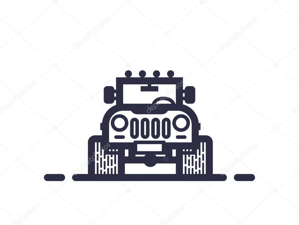 Line style 4x4 offroad vector illustration. Retro style flat emblem of big wheel car.