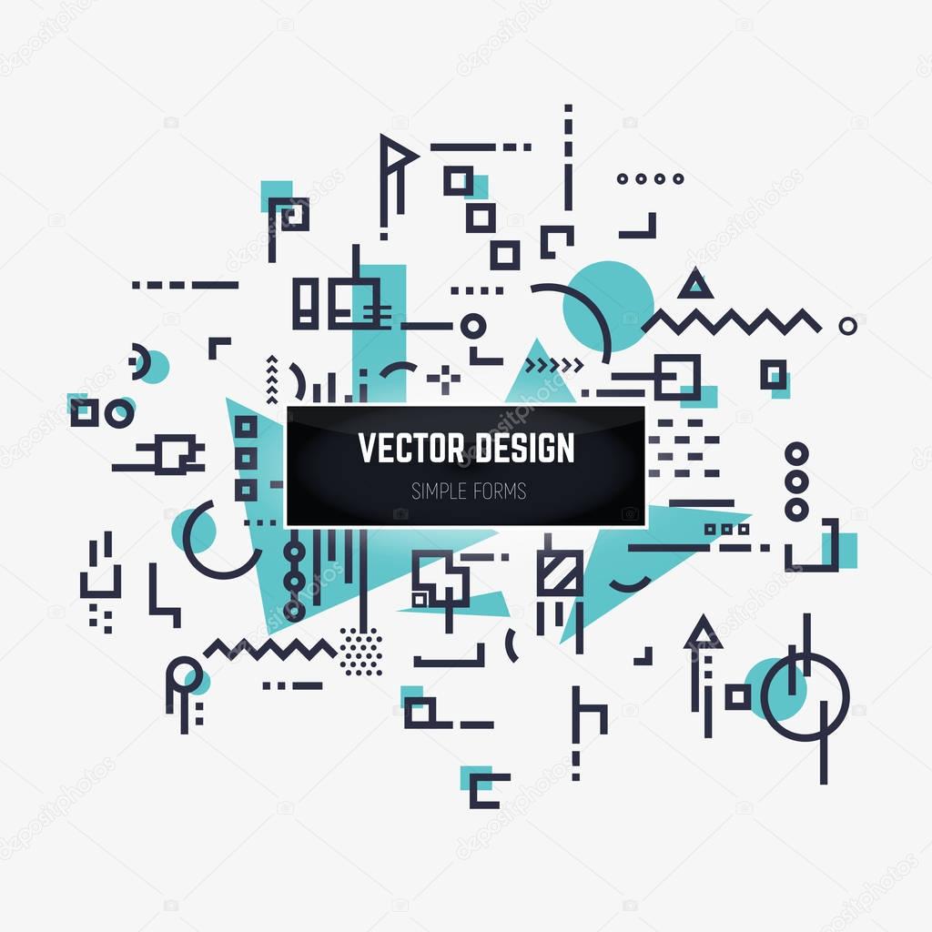 Linear abstract background with black lines and dots with geometric shapes, triangles, squares and circles. Design for brochure flyer or book cover. Stock vector illustration.