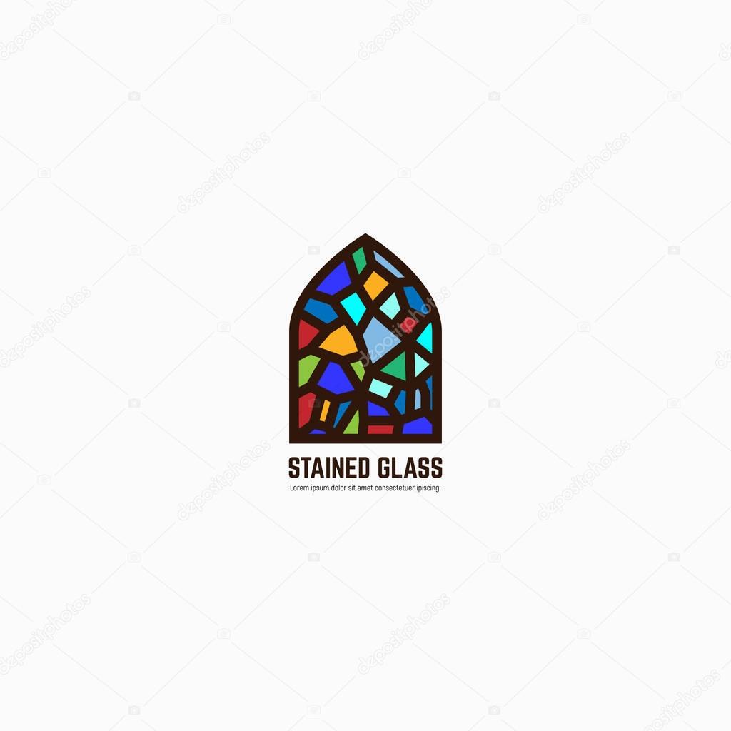 Colorful stained glass window. Logo, emblem or icon with text. Thick line style flat style linear vector. Architecture or religious. Bright glass and color window.