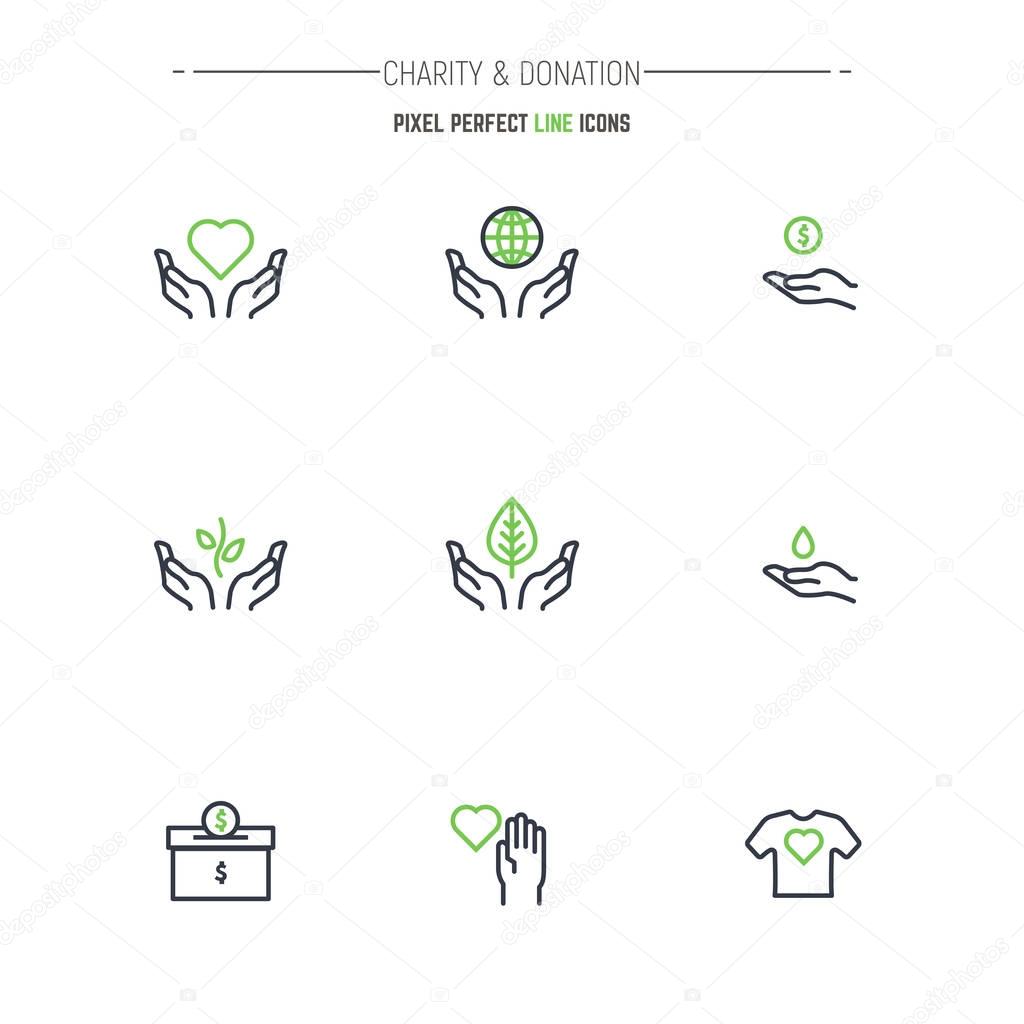 Charity and donation modern thin line pixel perfect vector icon set. Outline symbols and emblem of human hands. Heart, globe, volunteer logo. nonprofit organizations and charity.