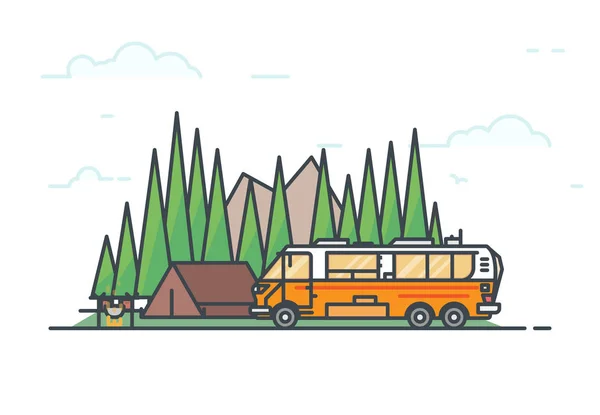Camper caravan i camping — Wektor stockowy