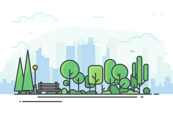 Parque de la ciudad con banco — Vector de stock