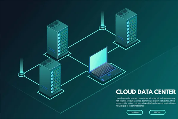 Banner isométrico de data center com computador e servidores — Vetor de Stock