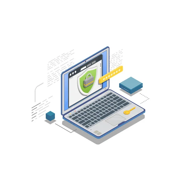 Proteção Dados Pessoais Laptop Isométrico Com Site Aplicativo Escudo Cadeado — Vetor de Stock