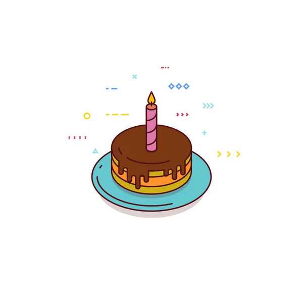 Süßer Schokoladenkuchen Auf Farbteller Geburtstagstorte Mit Sahne Und Einer Kerze — Stockvektor