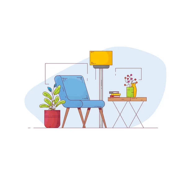 最低限度的房间家具 有扶手椅 桌子和植物的休息区 房间里有家具 家居装饰图片 现代线条风格的家庭向量 — 图库矢量图片