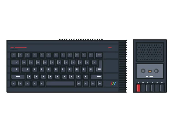 Počítač Retro 80S Klávesnicí Kazetovým Přehrávačem Vektor Osnovy Stylu Čáry — Stockový vektor
