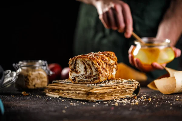 Traditional Polish Babka Cake Walnut Still Life Swirl Brioche Walnut — Stock Photo, Image