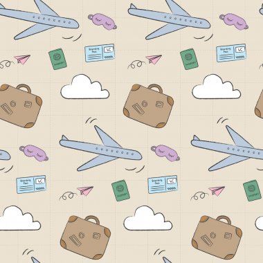 Uçak, bavul ve pasaport ile seyahat desen doodle. Oynak, sevimli ve esnek doodle desen olan marka için eğlenceli tarzı. Sanat vektör grafiği tekrar edilebilir. Çocuklar ve seyahat Tema için sanat takım elbise doodle.