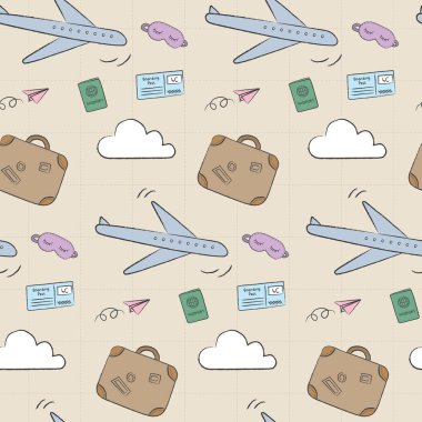 Doodle travel pattern with airplane, suitcase, and passport. Playful, cute, and flexible doodle pattern for brand who has fun style. The art vector graphic can be repeated. Doodle art suits for kids and traveling theme. clipart