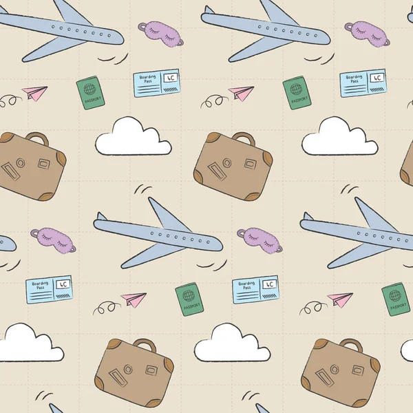 Поездка Каракулями Самолетом Чемоданом Паспортом Playful Cute Flexible Doodle Pattern — стоковый вектор